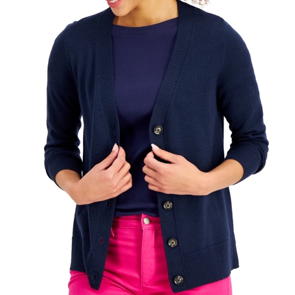 Charter Club Sweaters - Charter Club Womens XS V-Neck Button Front Cardigan Merino Wool Blend Navy Blue